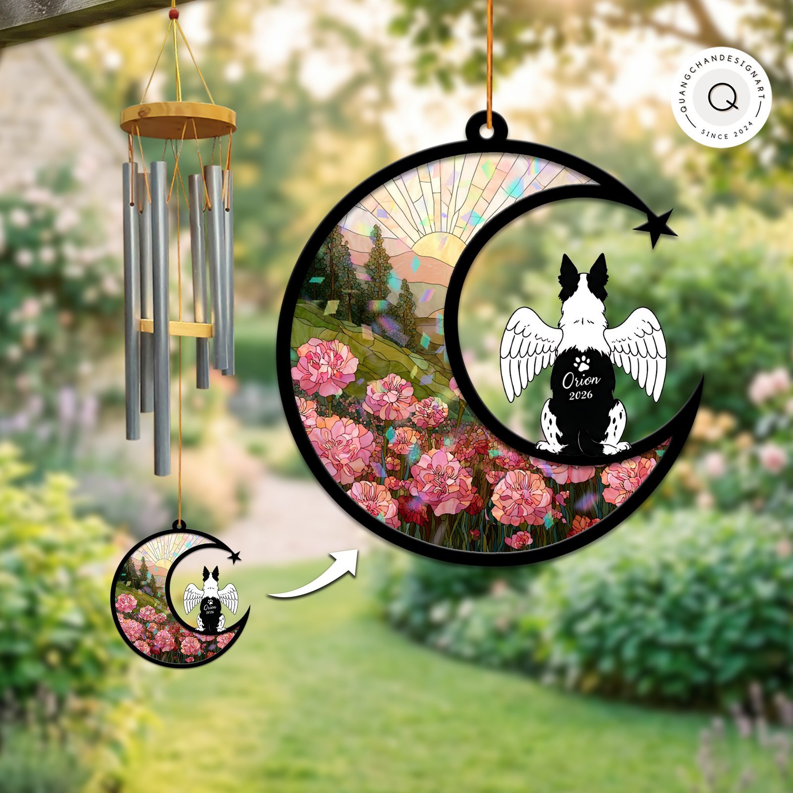 Personalized Australian Cattle Dog memorial wind chime suncatcher with crescent moon design, floral background, custom pet name and year, angel dog options, pet loss remembrance gift.