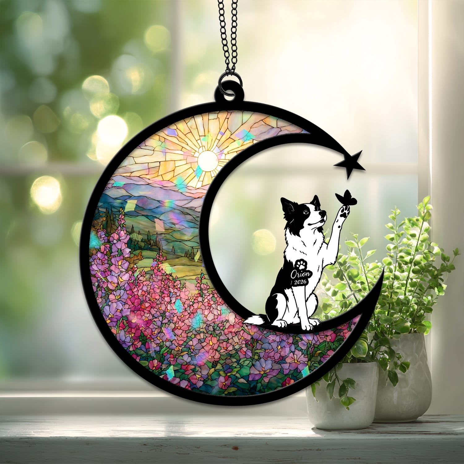 Personalized Australian Cattle Dog memorial suncatcher with a crescent moon, warm sunrise landscape, colorful floral design and multiple custom dog pose options for a meaningful pet loss keepsake.