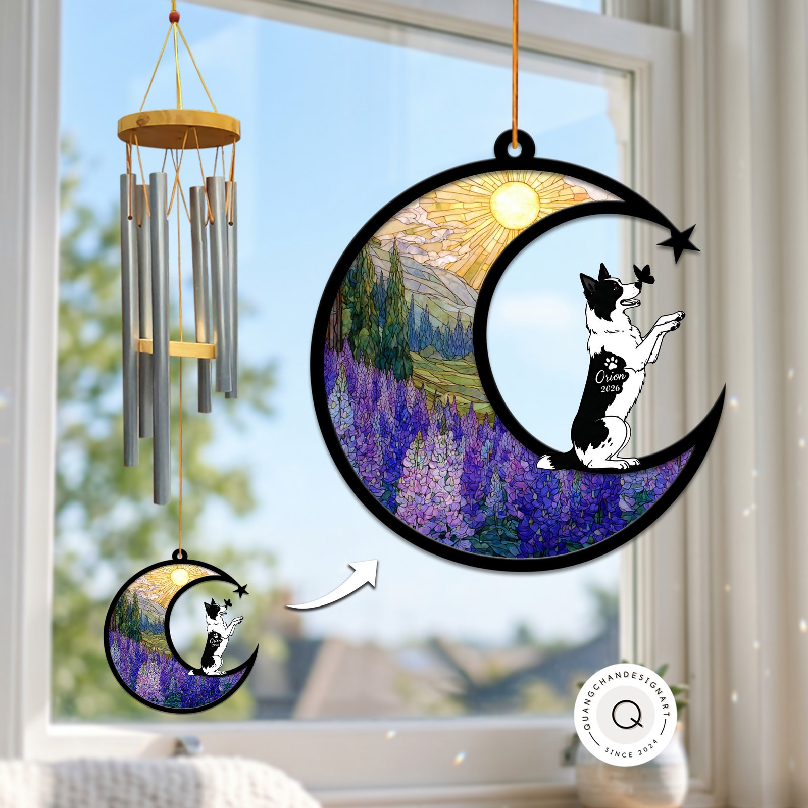Personalized Australian Cattle Dog memorial wind chime suncatcher with crescent moon design, floral background, custom pet name and year, angel dog options, pet loss remembrance gift.