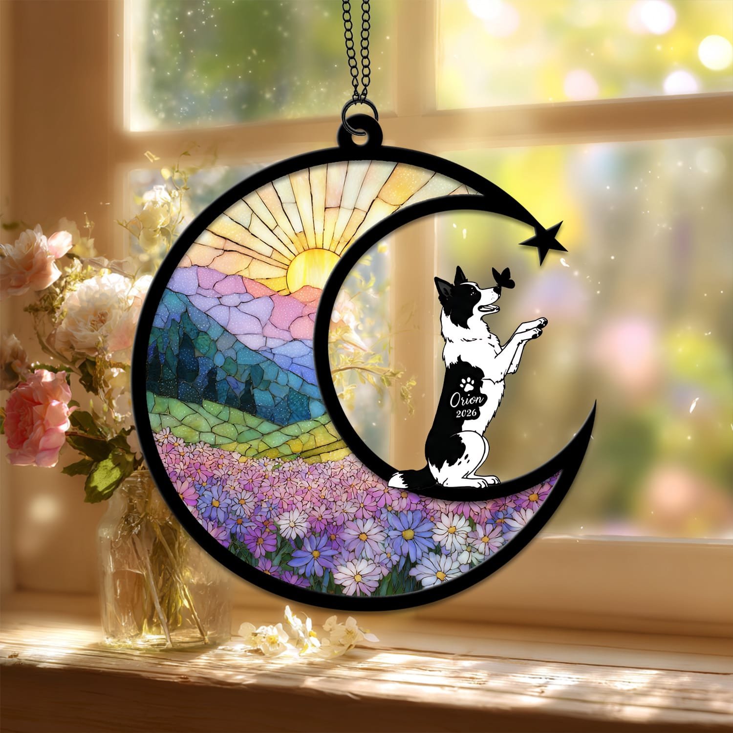 Personalized Australian Cattle Dog memorial suncatcher with a crescent moon, warm sunrise landscape, colorful floral design and multiple custom dog pose options for a meaningful pet loss keepsake.
