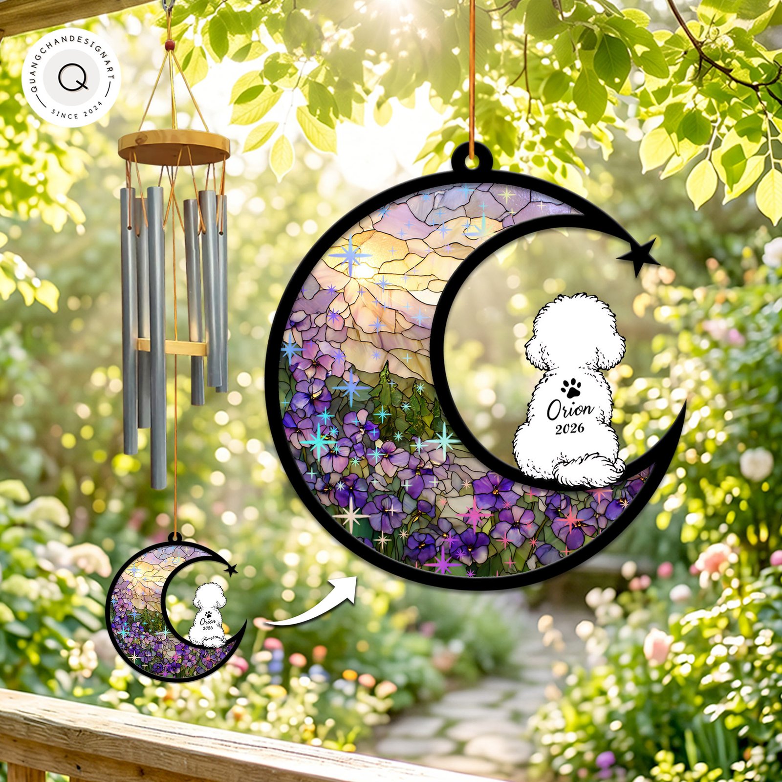 Bichon Frise Memorial Wind Chime Suncatcher, Personalized Dog Loss Gift, Angel Bichon Outdoor Hanging, Pet Memorial Decor - Image 3