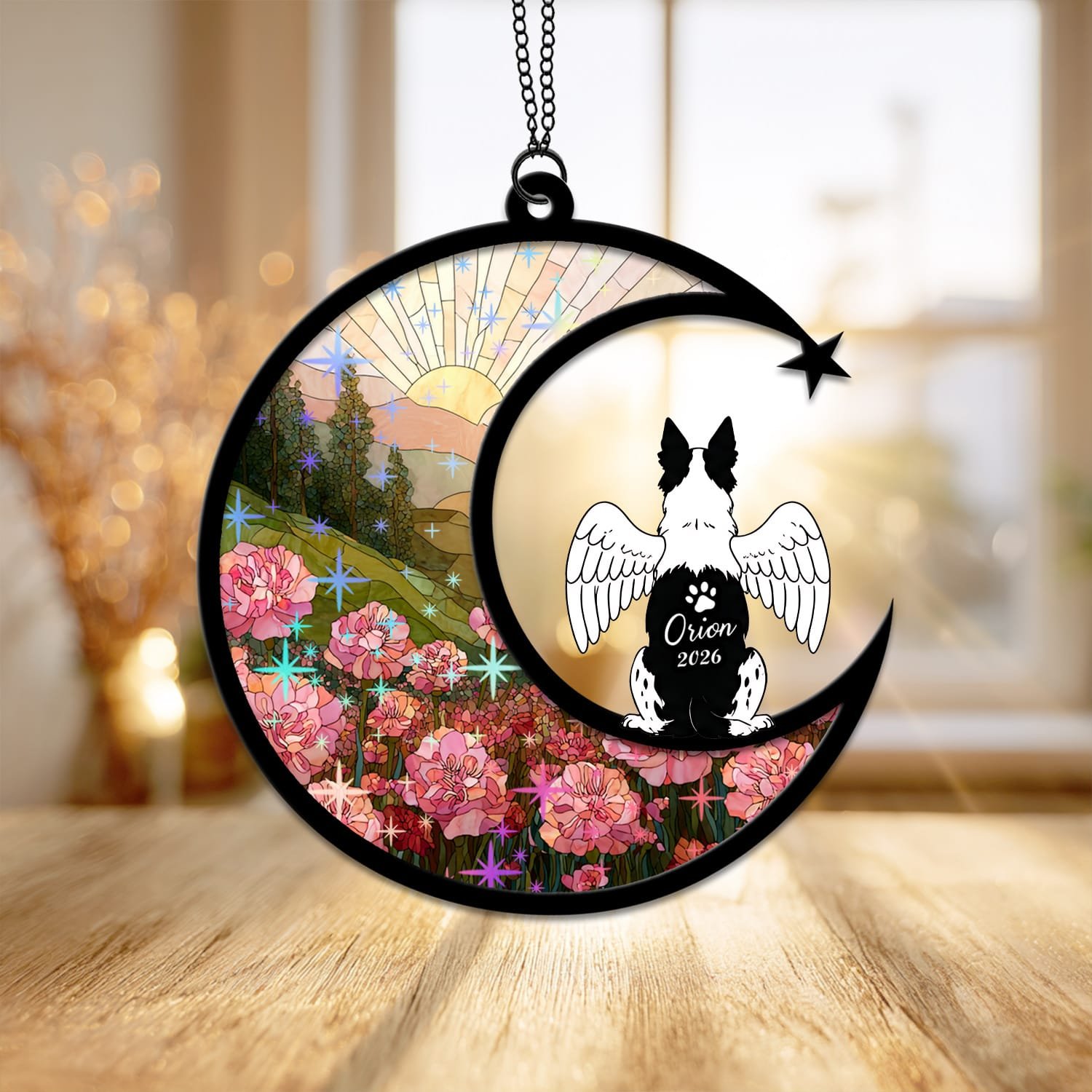 Personalized Australian Cattle Dog memorial suncatcher with a crescent moon, warm sunrise landscape, colorful floral design and multiple custom dog pose options for a meaningful pet loss keepsake.