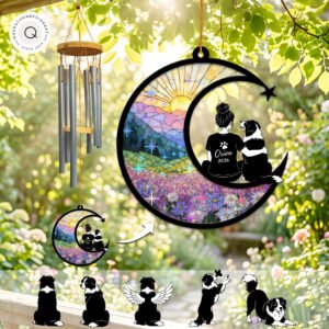 Personalized Australian Shepherd memorial wind chime suncatcher featuring a crescent moon, colorful rainbow landscape, flowers, stars, owner and Aussie dog silhouette, custom pet name and memorial year.