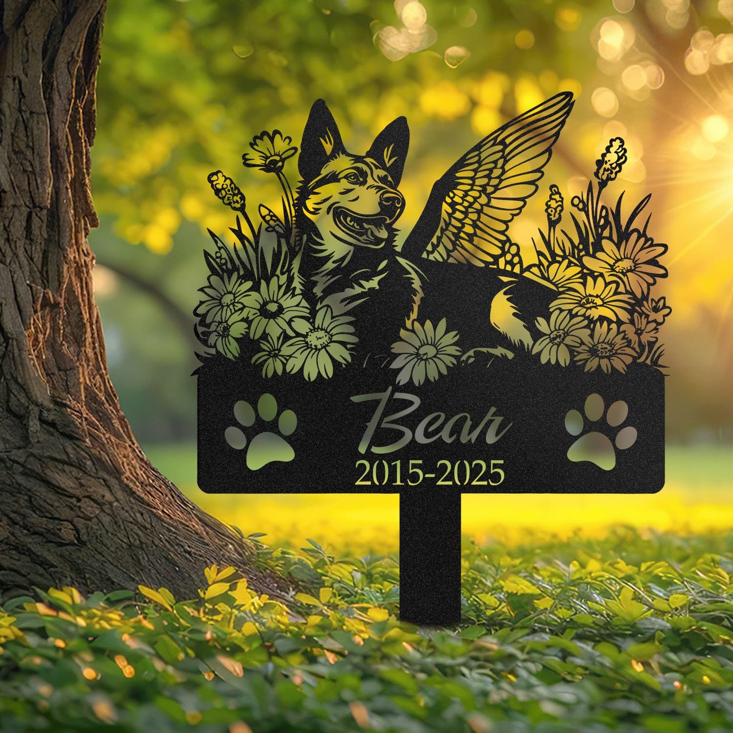 Personalized Australian Cattle Dog metal pet grave marker with angel wings and daisy flowers, displayed in a sunlit garden with color swatch options