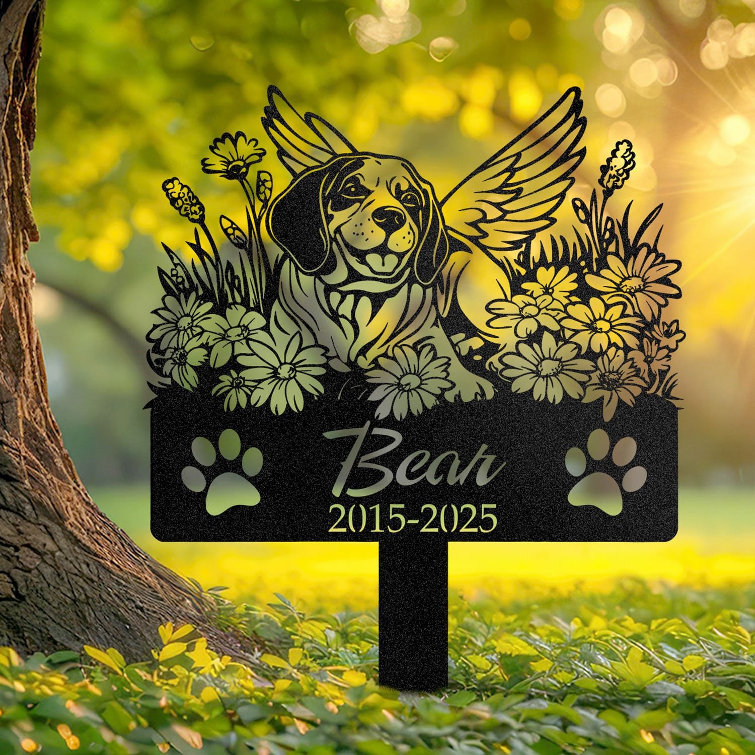 Personalized Beagle metal pet grave marker with angel wings and daisy flowers, displayed in a sunlit garden with color swatch options
