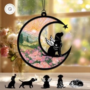 Crescent moon suncatcher with an angel-winged Beagle silhouette looking up at a shooting star over a sunrise floral field