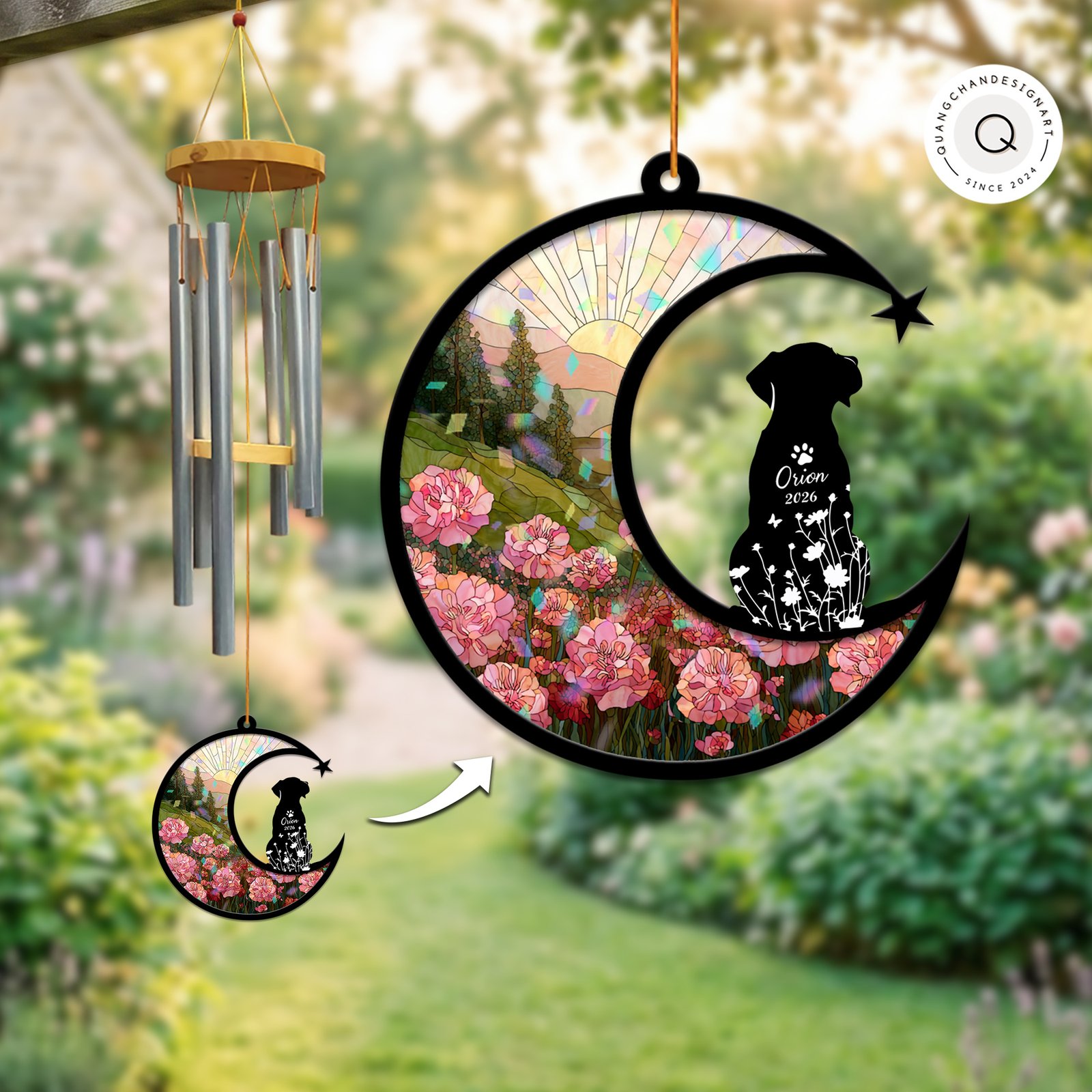 Wind chime with an iridescent stained-glass style suncatcher panel showing a pink flower field and a winged Beagle silhouette personalized with a name and year