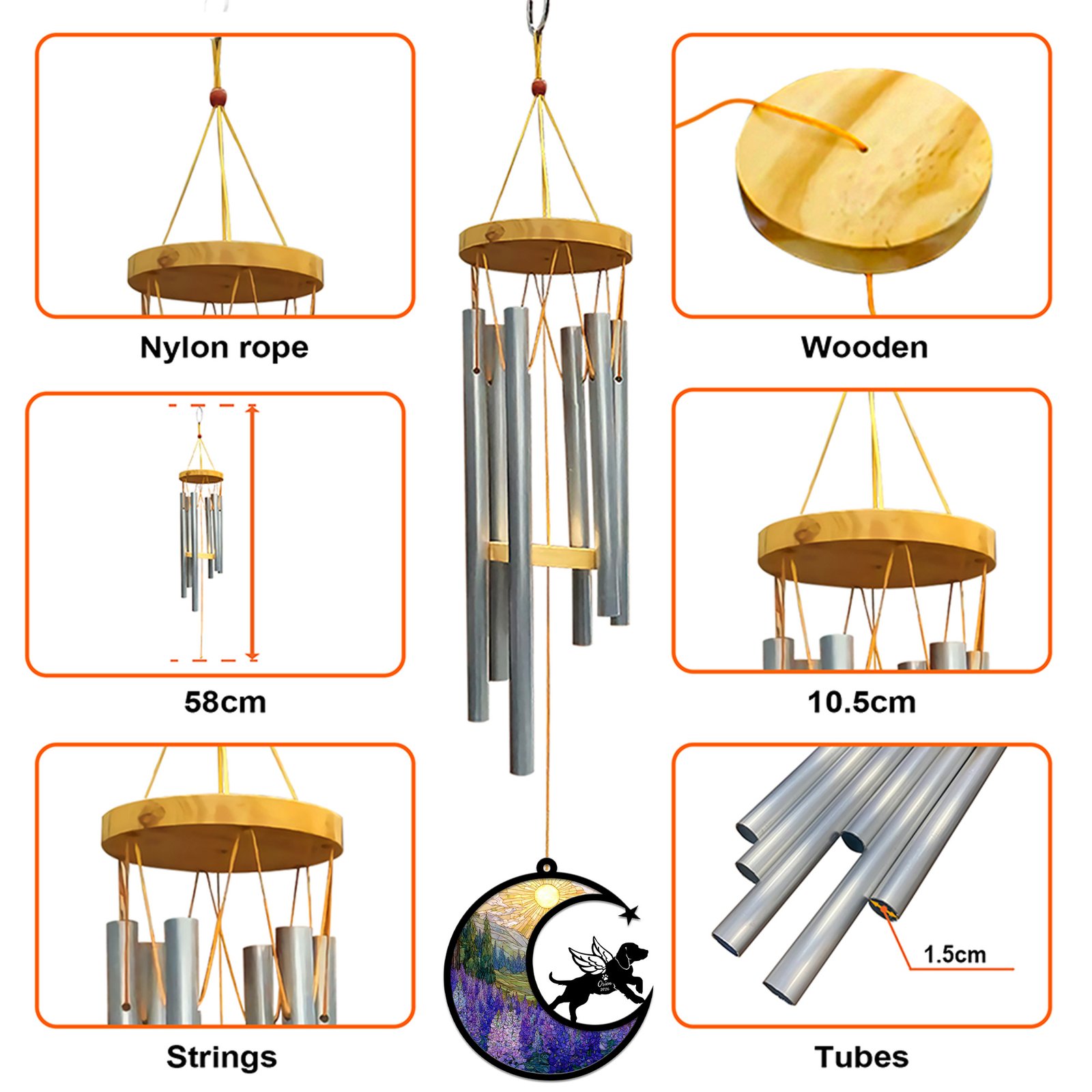 Infographic showing the wind chime construction with a wooden cap, nylon rope, metal tubes, and dimensions including 58 cm length and 10.5 cm cap width