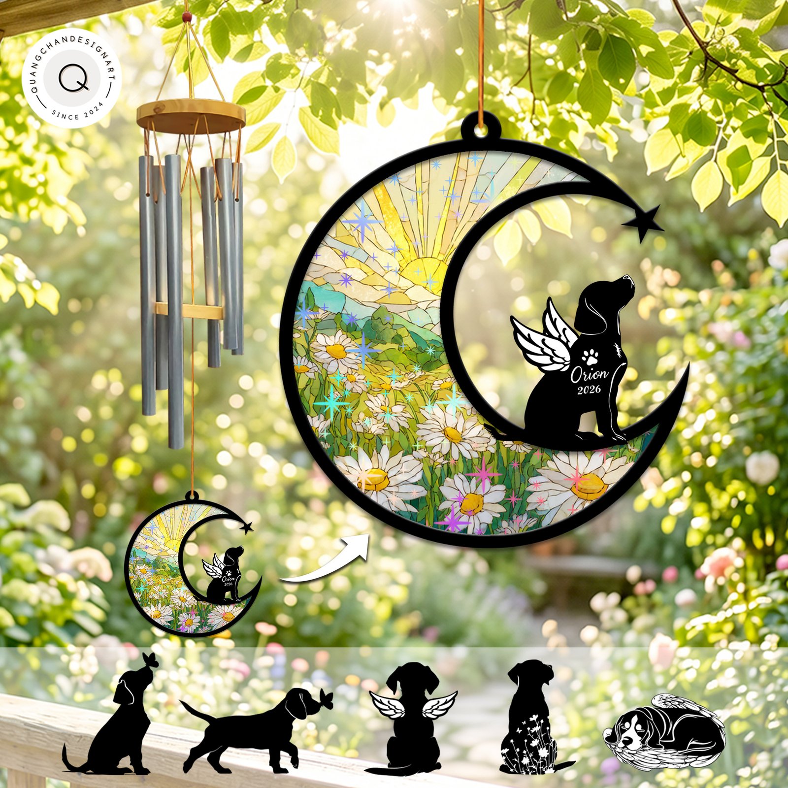 Custom wind chime suncatcher featuring a hand-illustrated Beagle portrait, designed as a heartfelt pet memorial keepsake