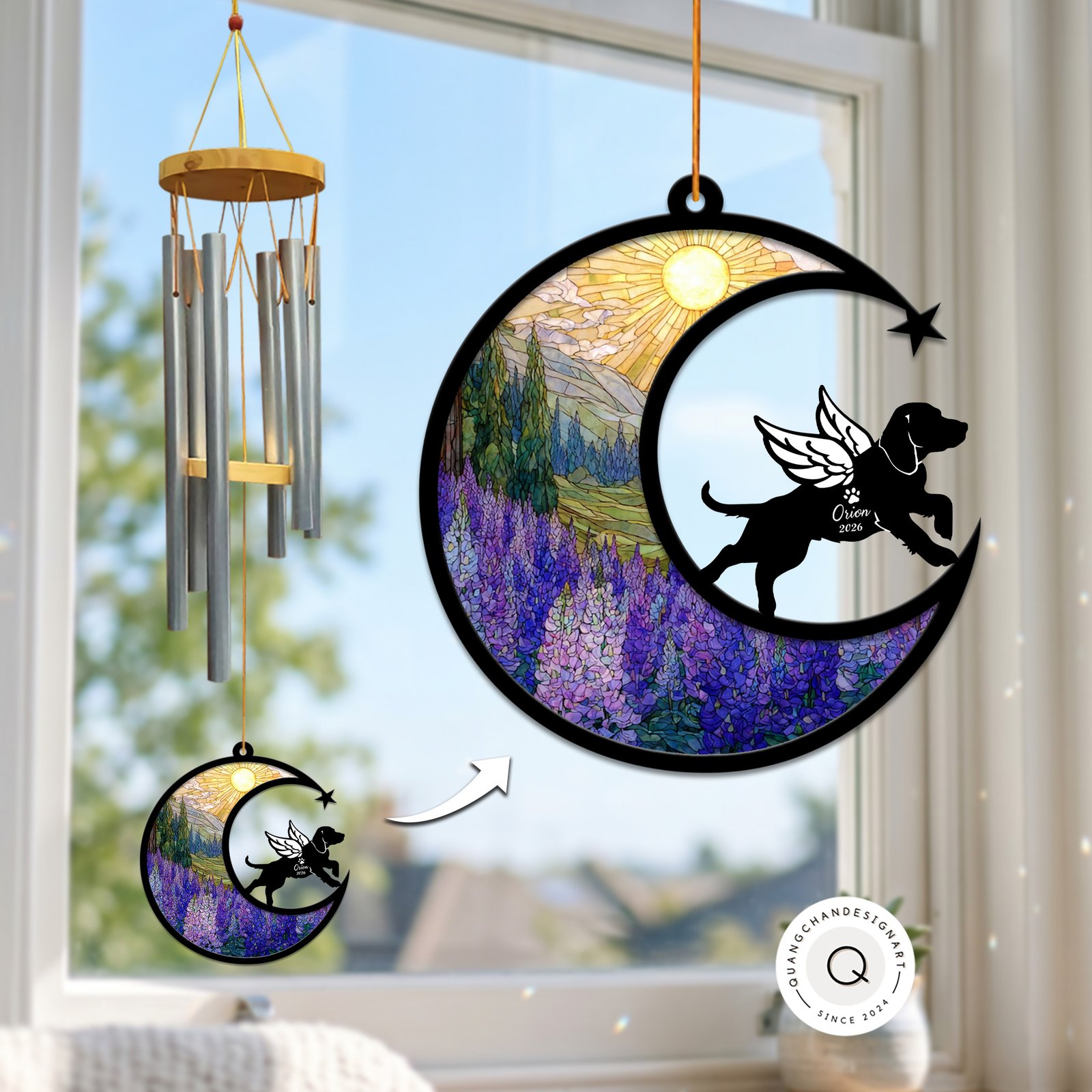 Wind chime with a crescent moon suncatcher showing a mountain and lavender wildflower scene, and a winged Beagle silhouette personalized with a name and year