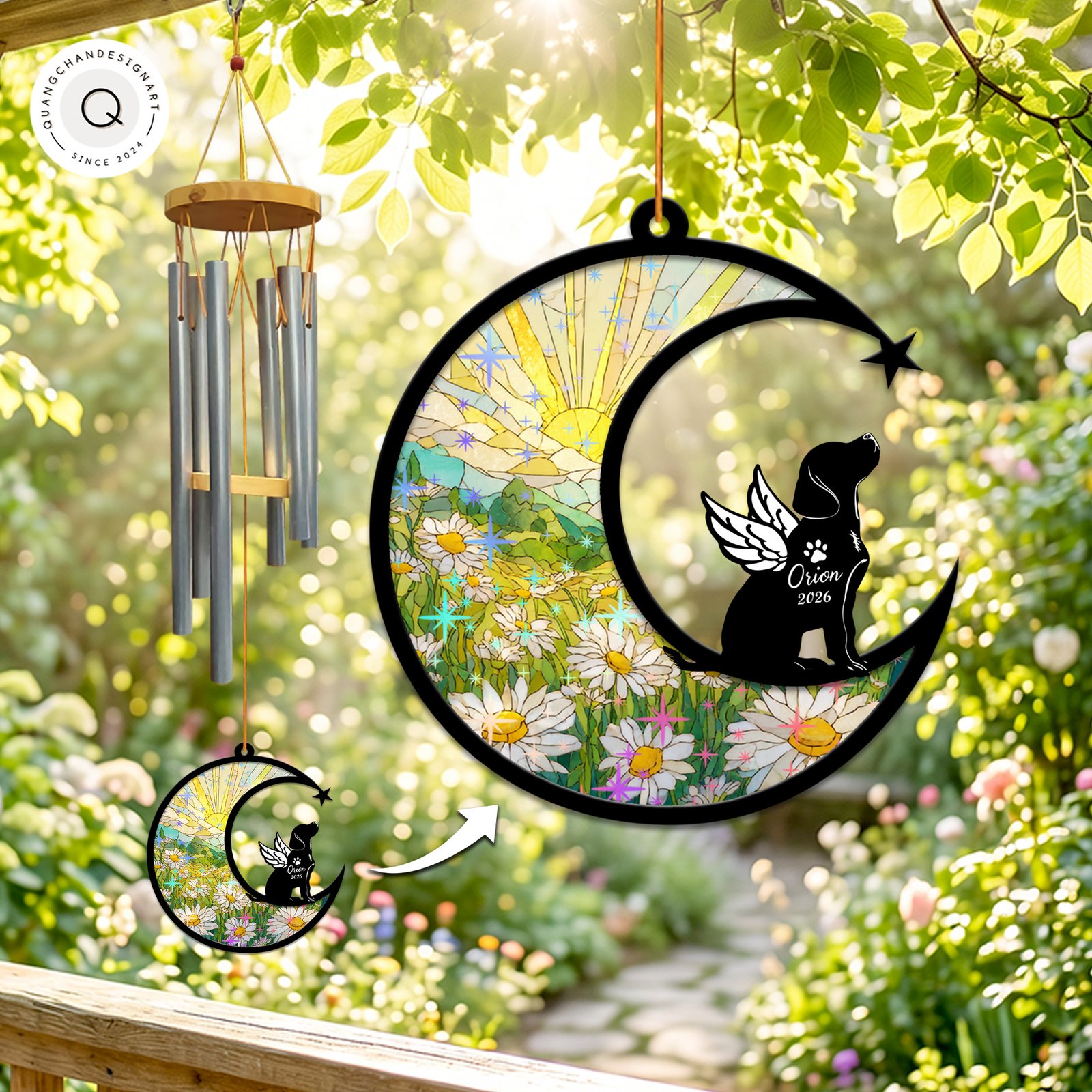 Wind chime with a sparkling daisy field suncatcher panel and a winged Beagle silhouette personalized with a name and year