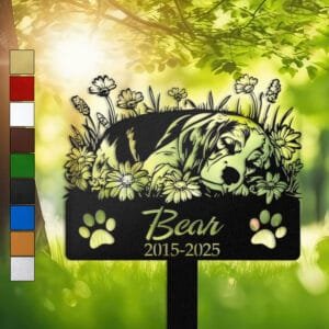Personalized Beagle metal pet grave marker in a sleeping pose surrounded by daisy flowers, displayed in a sunlit garden with color swatch options