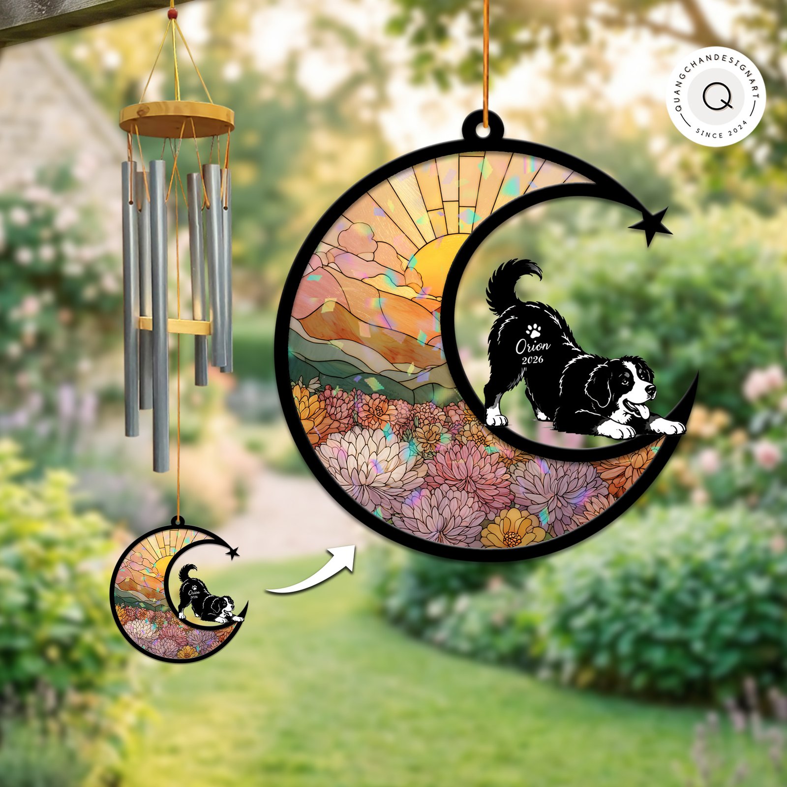 Wind chime with an iridescent stained-glass style suncatcher panel showing a dahlia flower field and a playful Bernese Mountain Dog silhouette personalized with a name and year