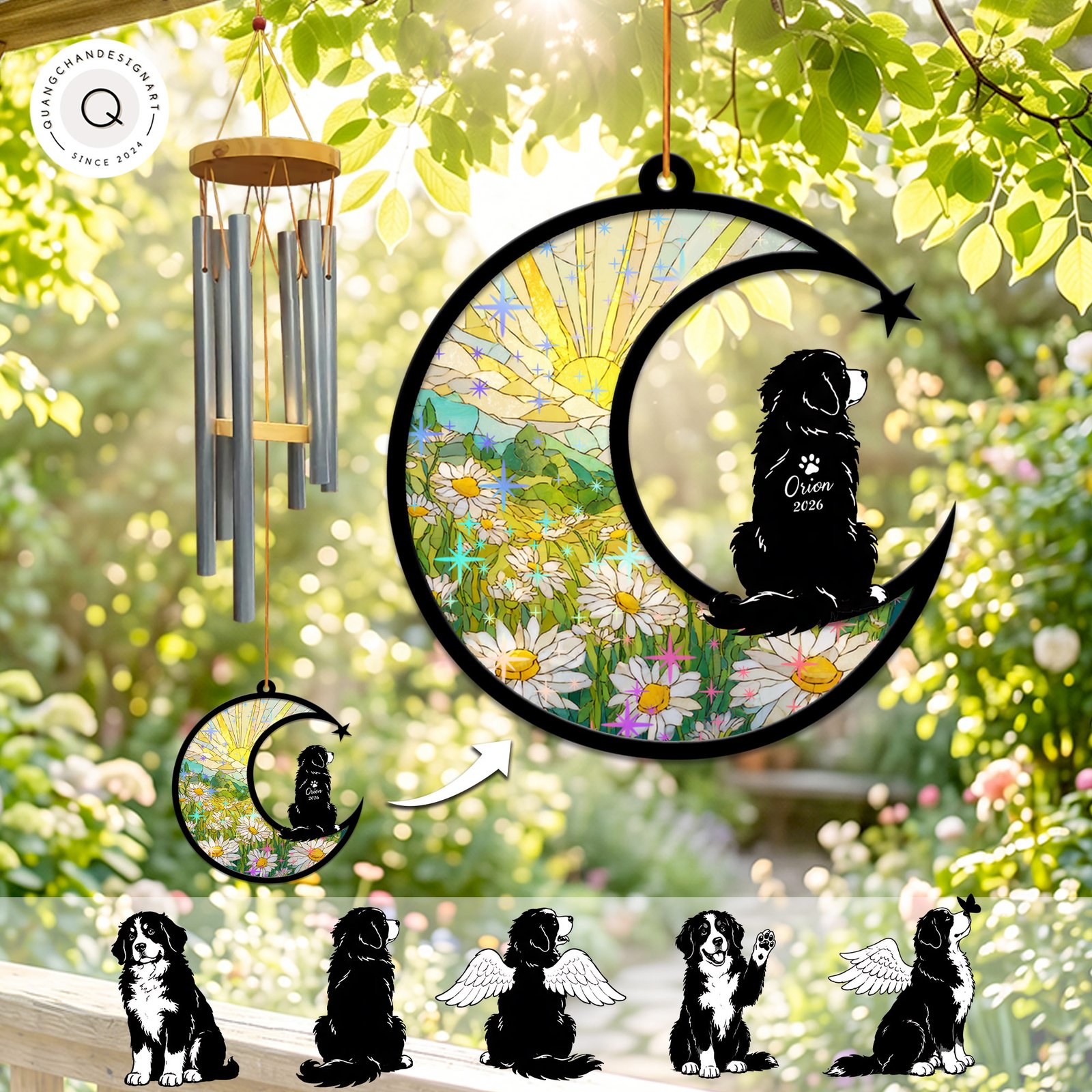 Wind chime with a crescent moon suncatcher showing a daisy field and a Bernese Mountain Dog silhouette, personalized with a name and year