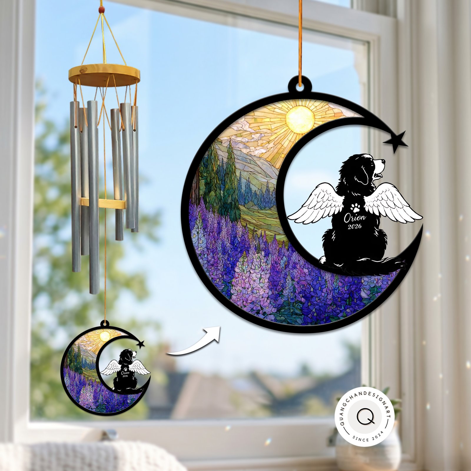 Wind chime with a crescent moon suncatcher showing a mountain and lavender wildflower scene, and a winged Bernese Mountain Dog silhouette personalized with a name and year
