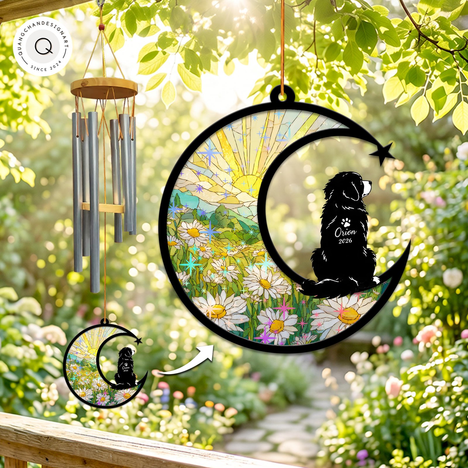 Wind chime with a sparkling daisy field suncatcher panel and a Bernese Mountain Dog silhouette personalized with a name and year