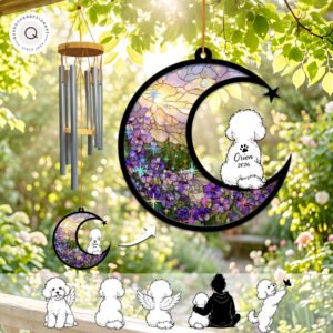 Wind chime with a crescent moon suncatcher showing a purple violet flower field and a fluffy white Bichon Frise silhouette, personalized with a name and year