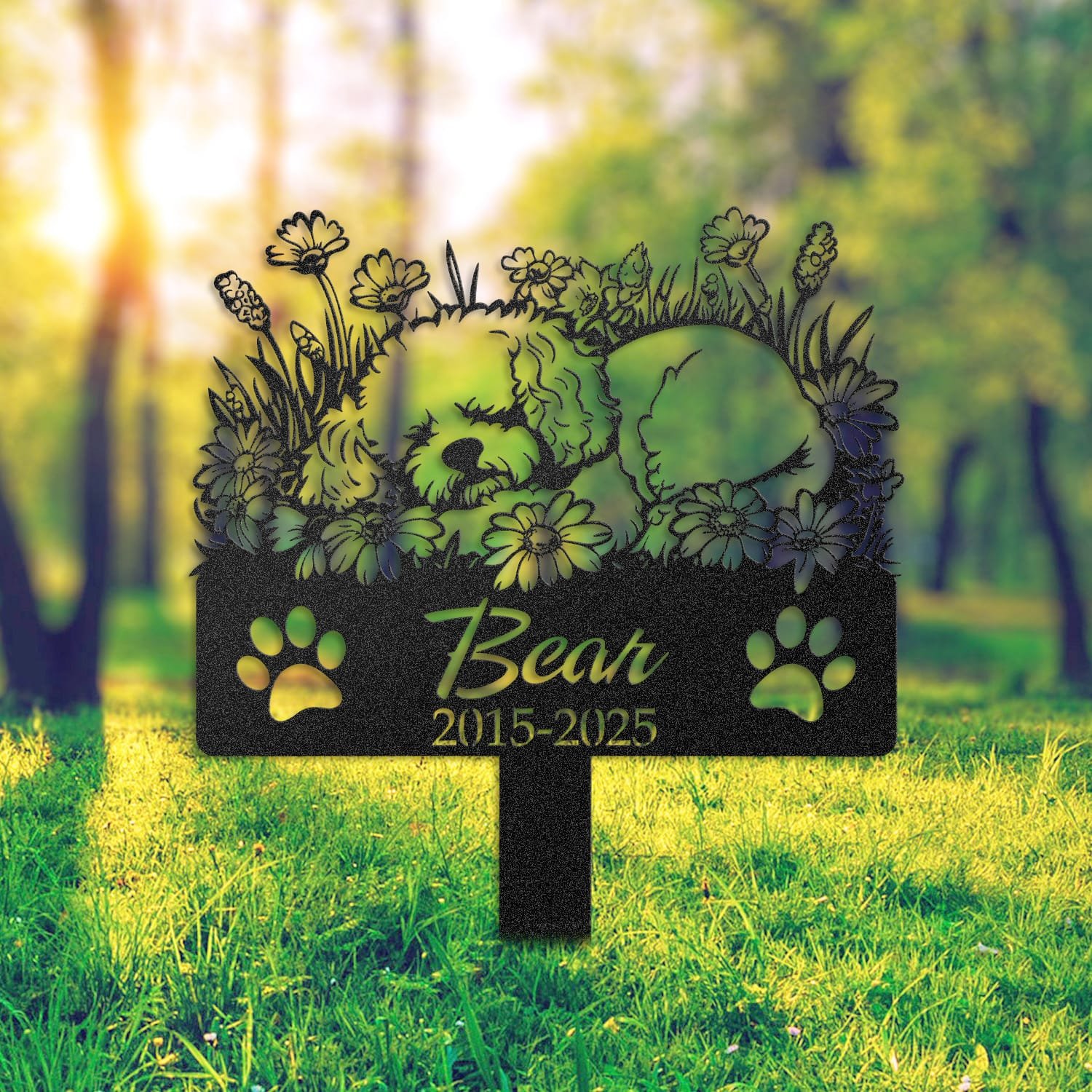 Bichon Frise pet grave marker in a light stone garden bed outside a brick home with a blue front door and wreath
