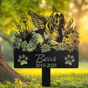 Personalized Bloodhound metal pet grave marker with angel wings and daisy flowers, displayed in a sunlit garden with color swatch options