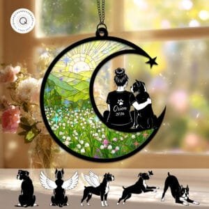 Crescent moon suncatcher with an angel-winged Boxer silhouette over a warm sunrise floral landscape