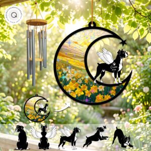 Wind chime with a crescent moon suncatcher showing a yellow daffodil field and a winged Boxer dog silhouette, personalized with a name and year