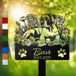 Personalized Boxer metal pet grave marker with angel wings and daisy flowers, displayed in a sunlit garden with color swatch options
