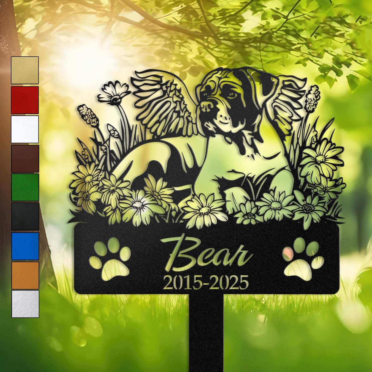 Personalized Boxer metal pet grave marker with angel wings and daisy flowers, displayed in a sunlit garden with color swatch options