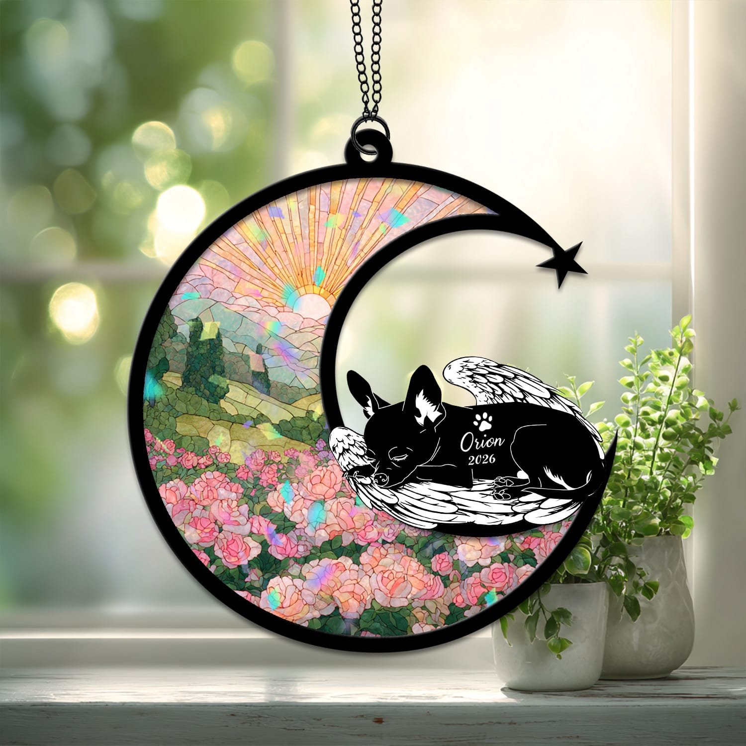 Broken Glass style suncatcher showing a Chihuahua silhouette against a cracked-glass style floral crescent moon background