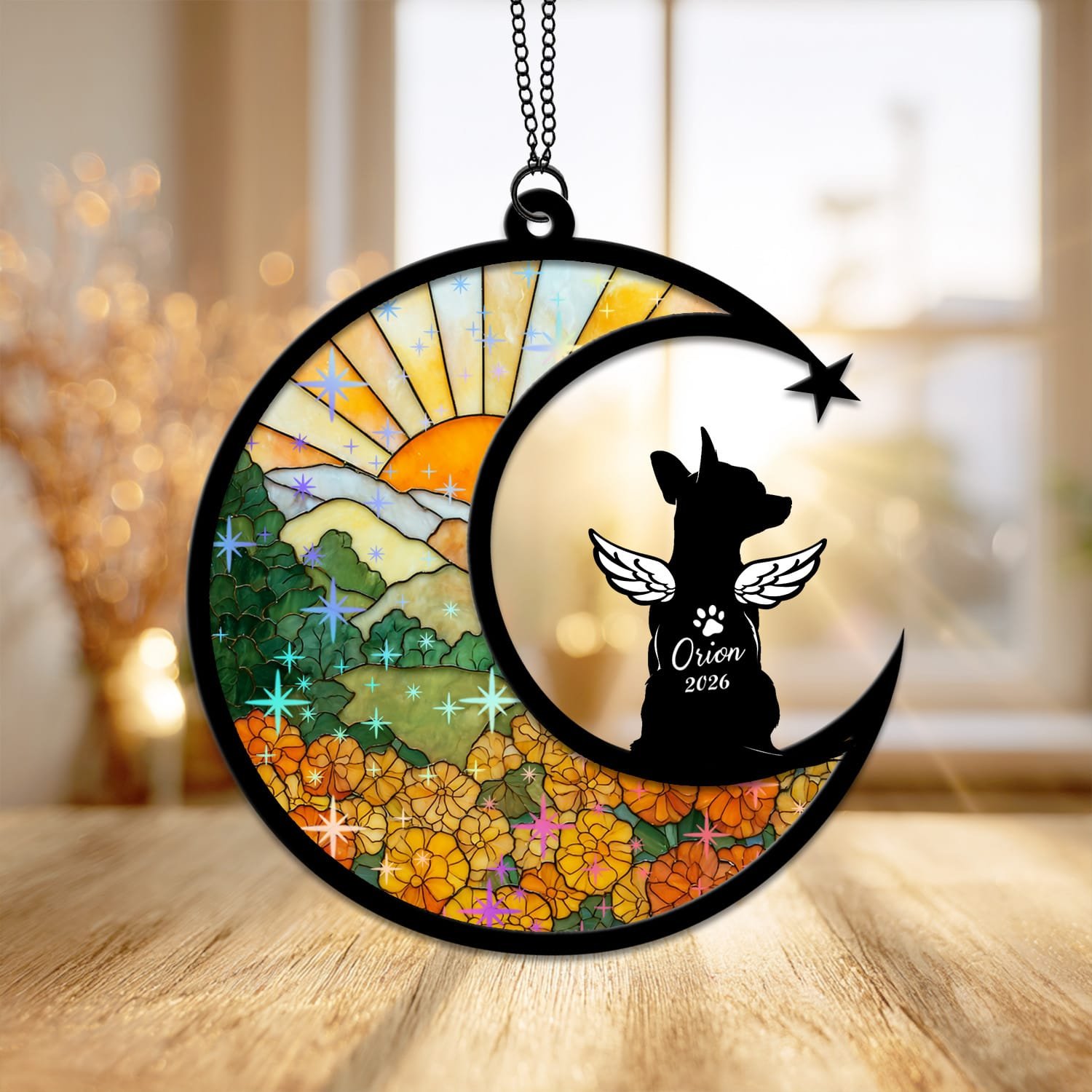 Crescent moon suncatcher with an angel-winged Chihuahua silhouette looking up at a shooting star over a sunrise floral field