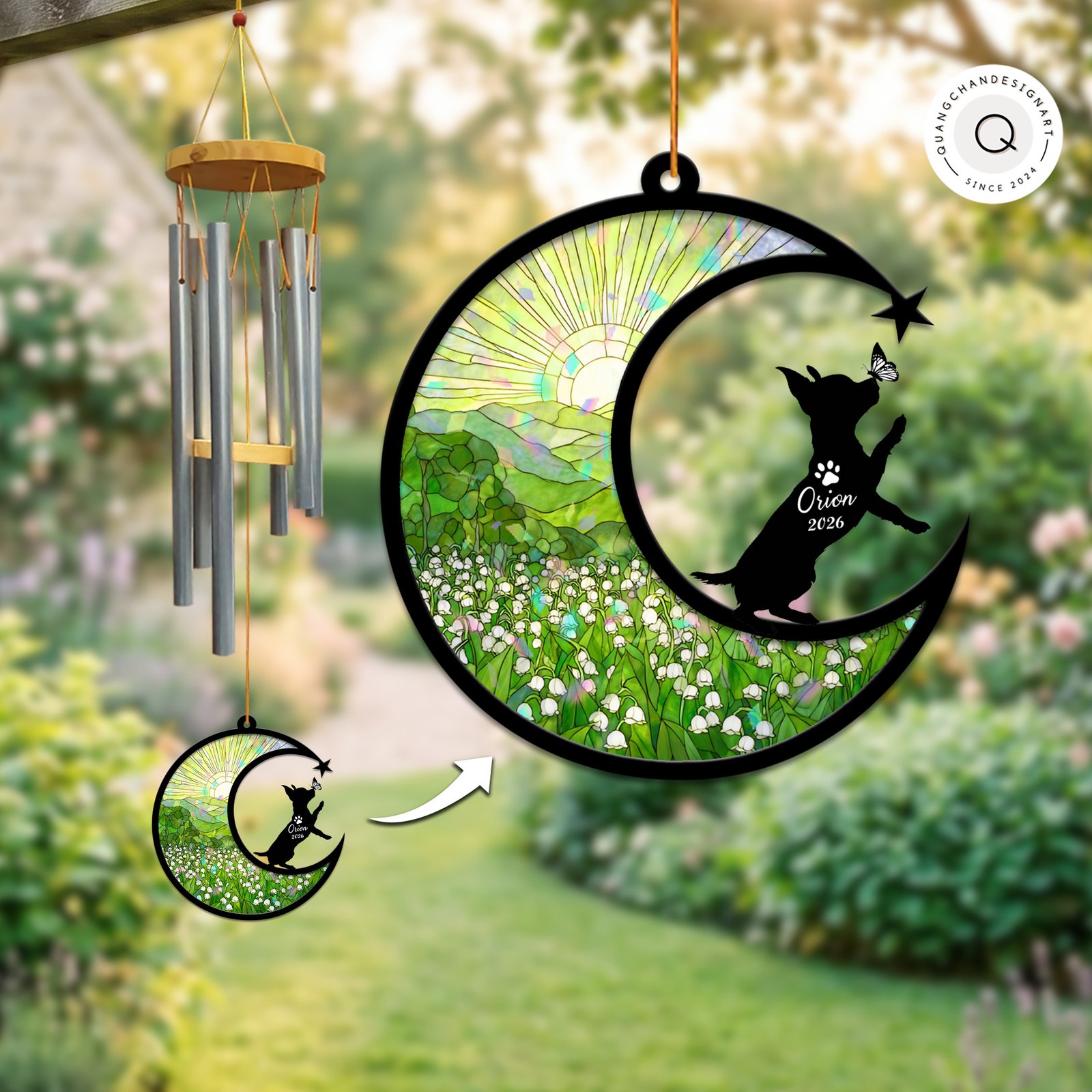 Wind chime with an iridescent stained-glass style suncatcher panel showing a lily-of-the-valley field and a playful Chihuahua silhouette reaching for a butterfly, personalized with a name and year