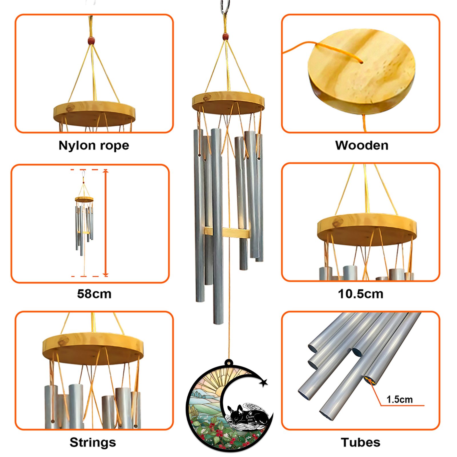 Infographic showing the wind chime construction with a wooden cap, nylon rope, metal tubes, and dimensions including 58 cm length and 10.5 cm cap width