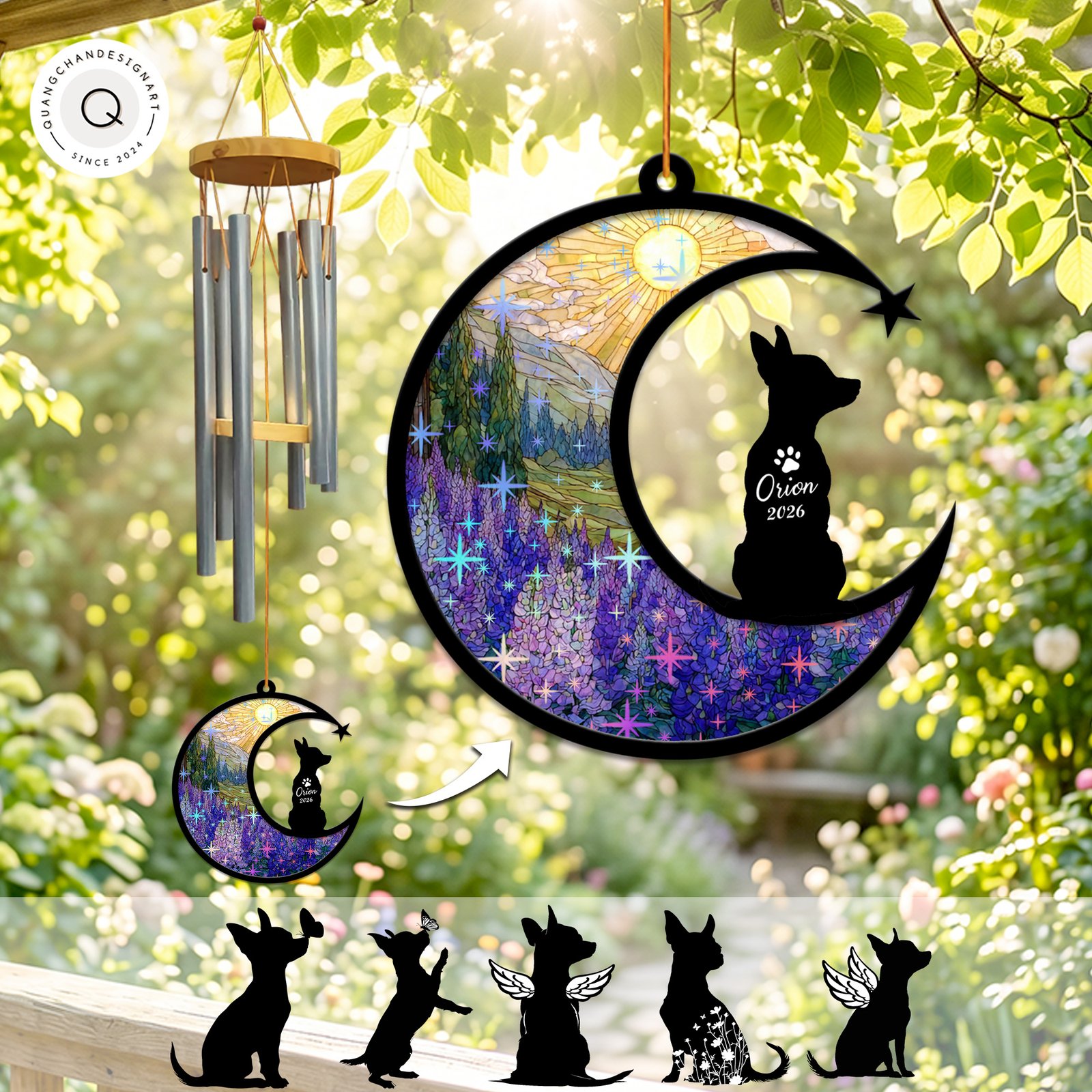Wind chime with a crescent moon suncatcher showing a mountain and lavender wildflower scene and a Chihuahua silhouette, personalized with a name and year