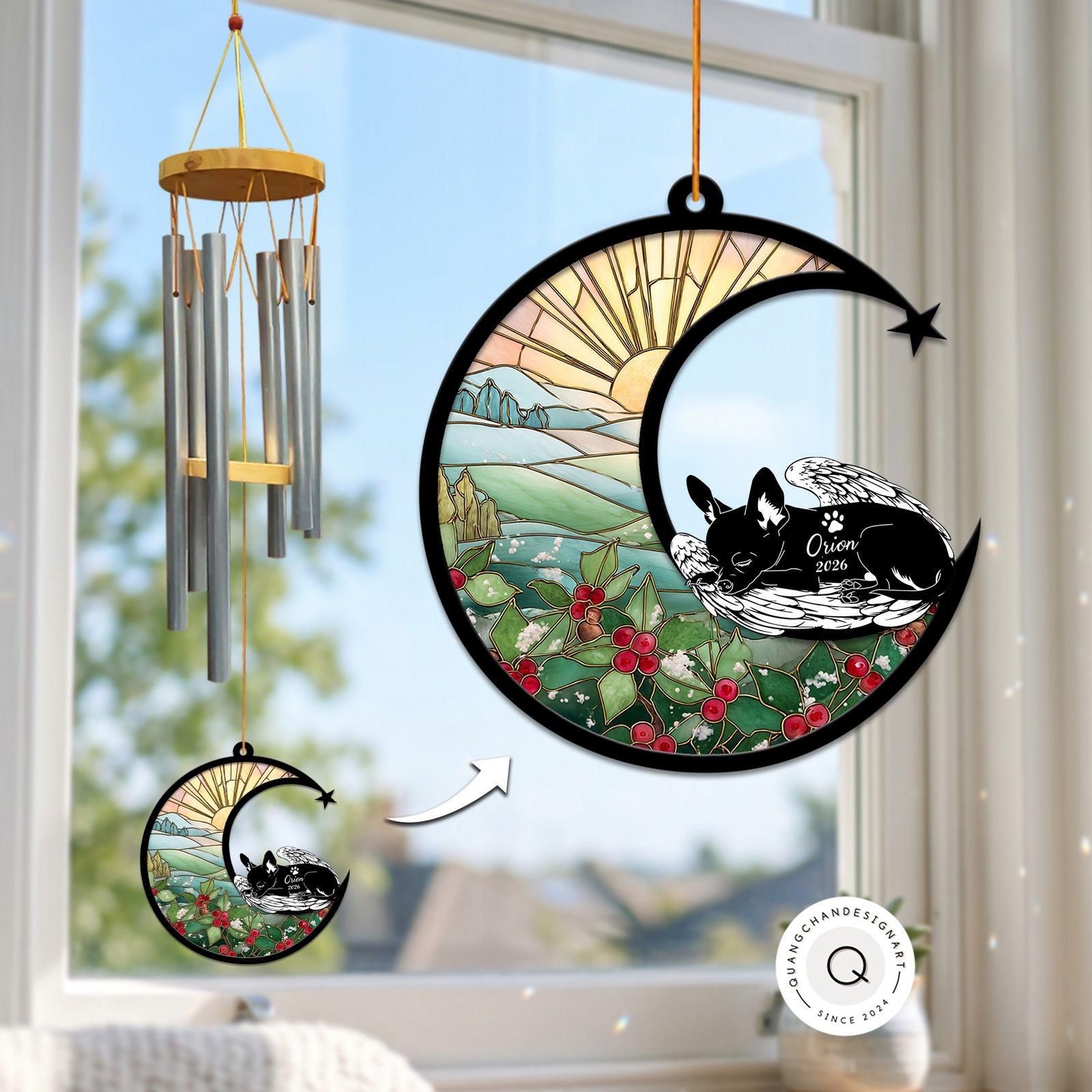 Wind chime with a crescent moon suncatcher showing a holly and berry winter scene, and a sleeping winged Chihuahua silhouette personalized with a name and year
