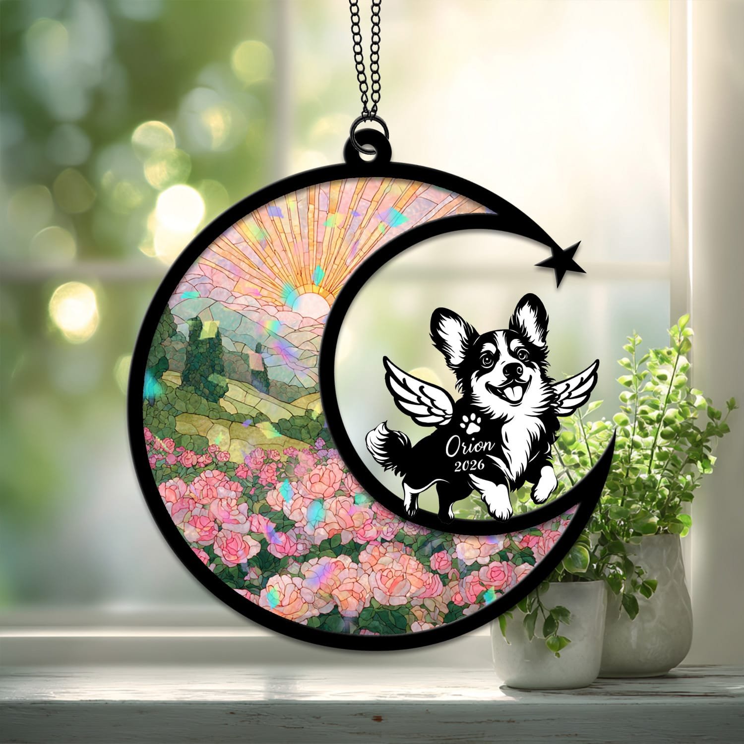 Broken Glass style suncatcher showing a Corgi silhouette against a cracked-glass style floral crescent moon background