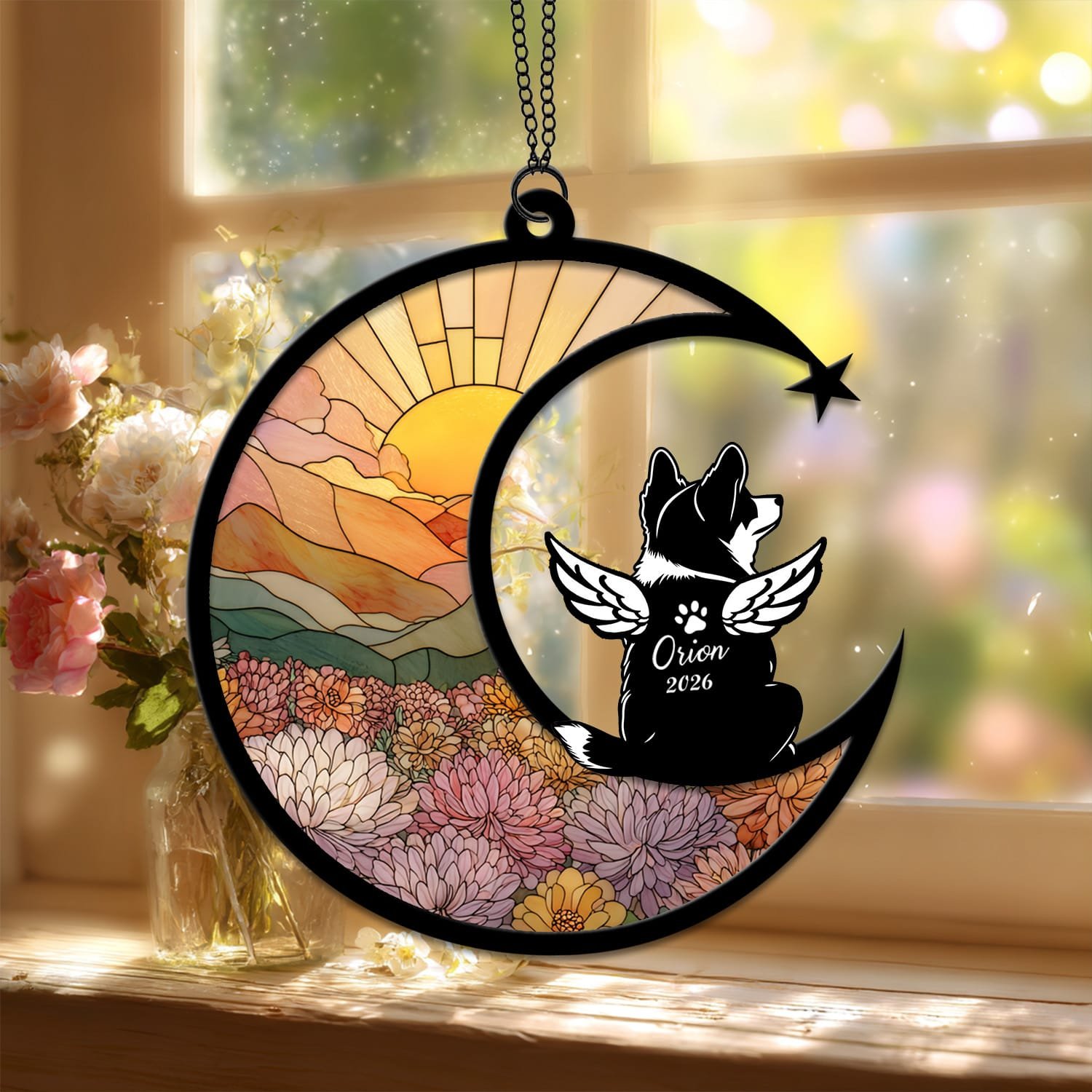 Standard style suncatcher showing a Corgi silhouette seated on the crescent moon beside a stained-glass floral field