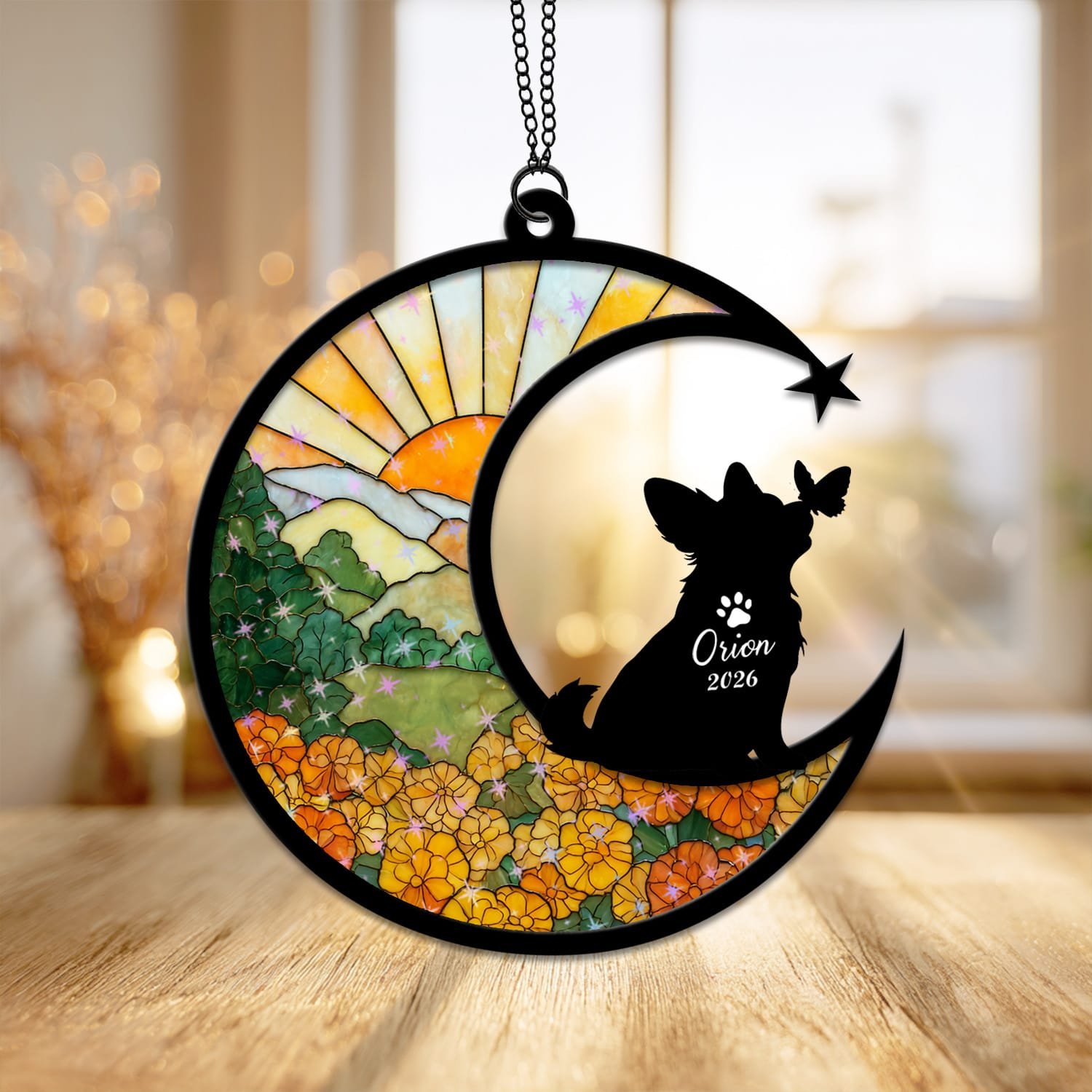 Starburst style suncatcher with a Corgi silhouette under a sparkling stained-glass sunrise