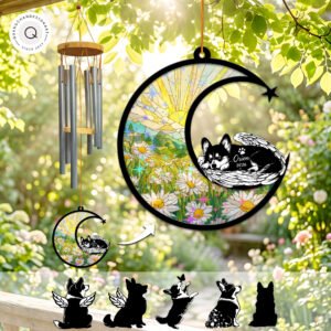 Wind chime with a crescent moon suncatcher showing a mountain and lavender wildflower scene and a Corgi silhouette looking up at a shooting star, personalized with a name and year