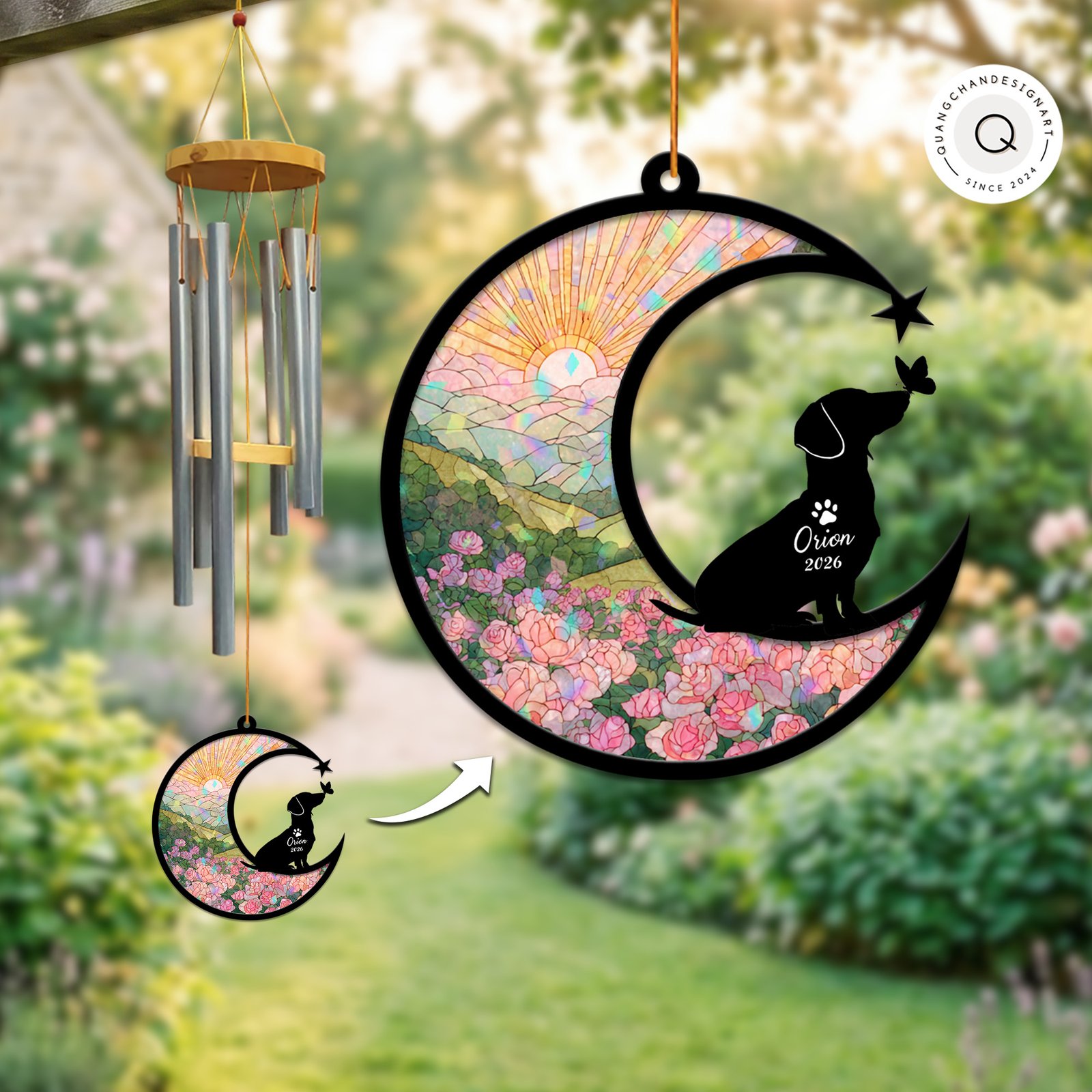 Wind chime with an iridescent stained-glass style suncatcher panel showing a pink rose field and a Dachshund silhouette with a butterfly resting on its nose, personalized with a name and year