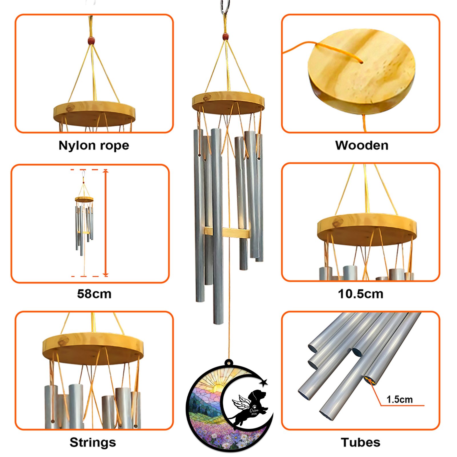 Infographic showing the wind chime construction with a wooden cap, nylon rope, metal tubes, and dimensions including 58 cm length and 10.5 cm cap width