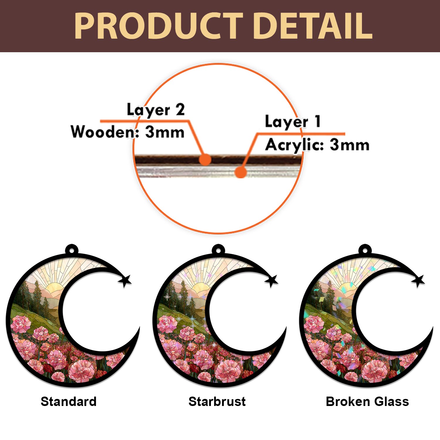 Infographic comparing the acrylic and wood layers of the suncatcher pendant alongside the Standard, Starburst, and Broken Glass style options