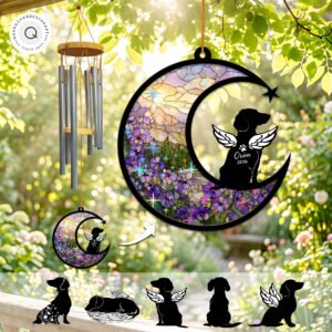 Wind chime with a crescent moon suncatcher showing a sparkling purple violet field and a sleeping winged Dachshund silhouette personalized with a name and year