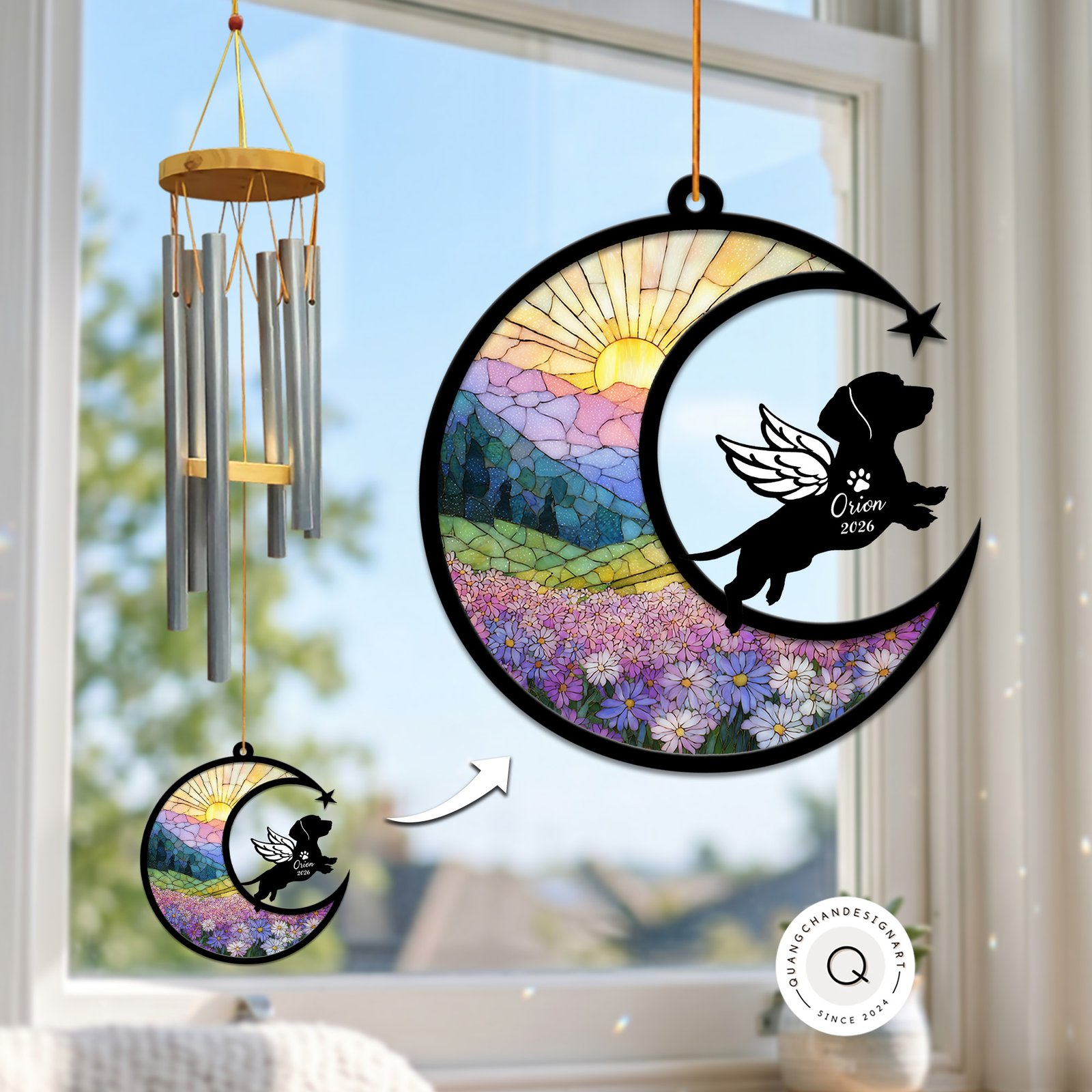 Wind chime with a crescent moon suncatcher showing a mountain and daisy field scene and a leaping winged Dachshund silhouette personalized with a name and year