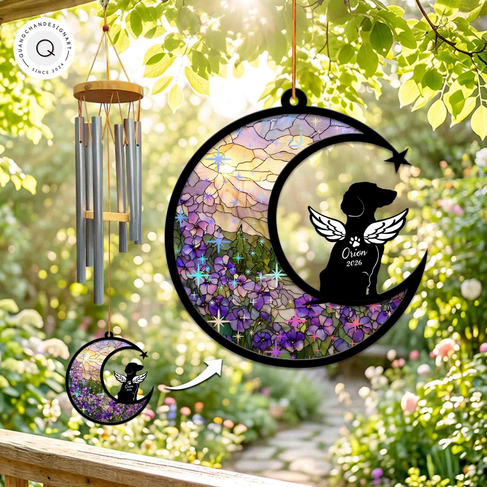 Wind chime with a sparkling purple violet field suncatcher panel and a winged Dachshund silhouette personalized with a name and year