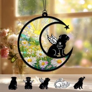 Crescent moon suncatcher with an angel-winged English Bulldog silhouette over a stained-glass daisy field