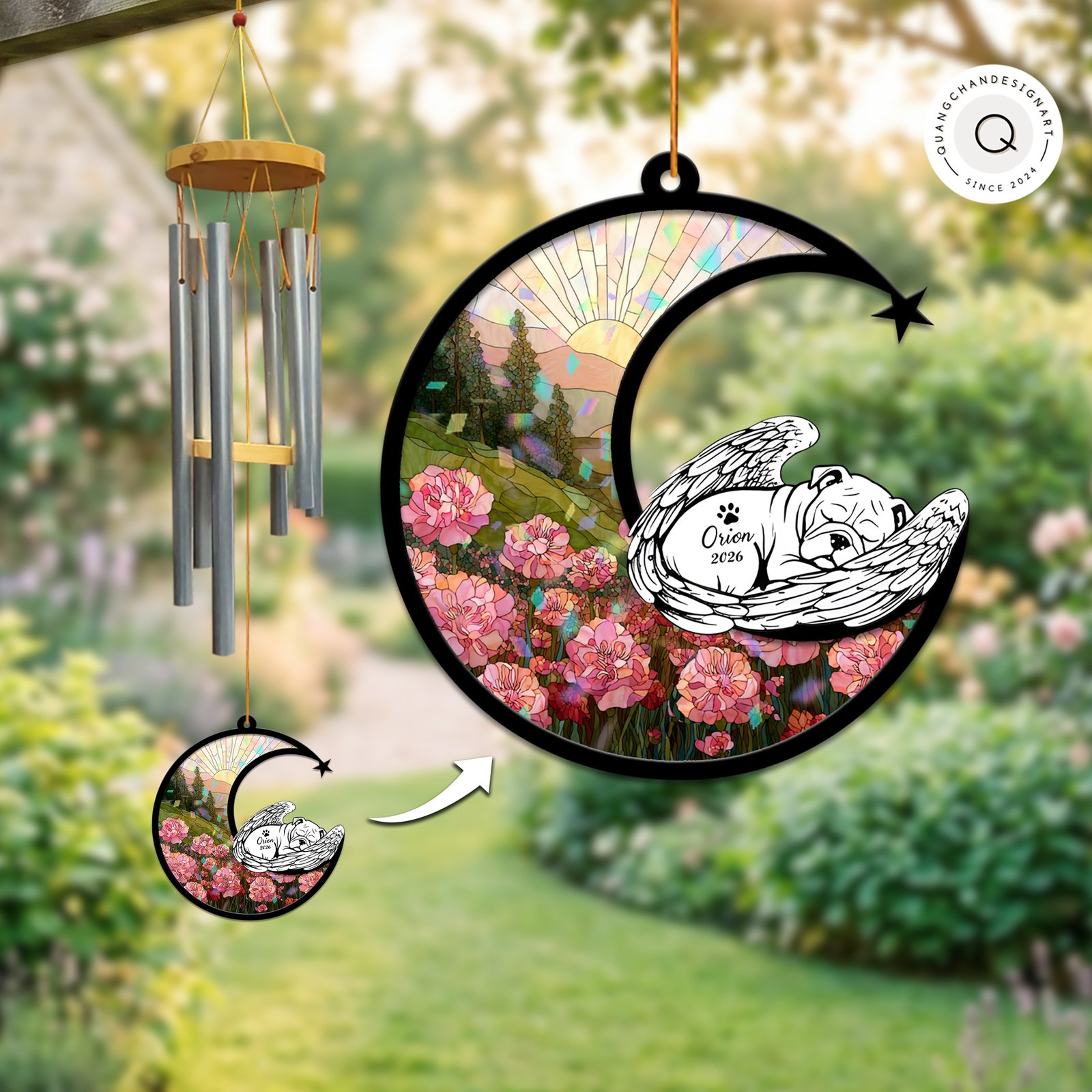 Wind chime with an iridescent stained-glass style suncatcher panel showing a pink flower field and a sleeping winged English Bulldog silhouette personalized with a name and year