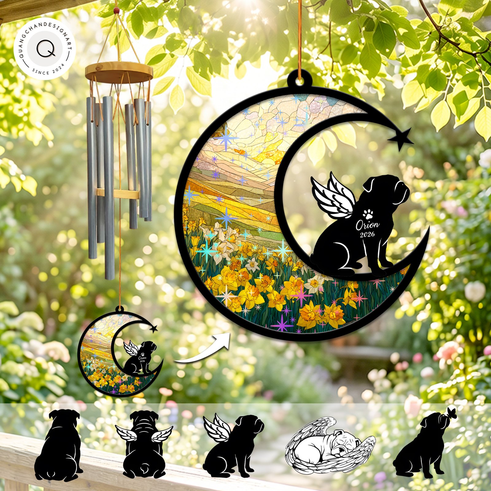 Wind chime with a crescent moon suncatcher showing a yellow daffodil field and a winged English Bulldog silhouette personalized with a name and year