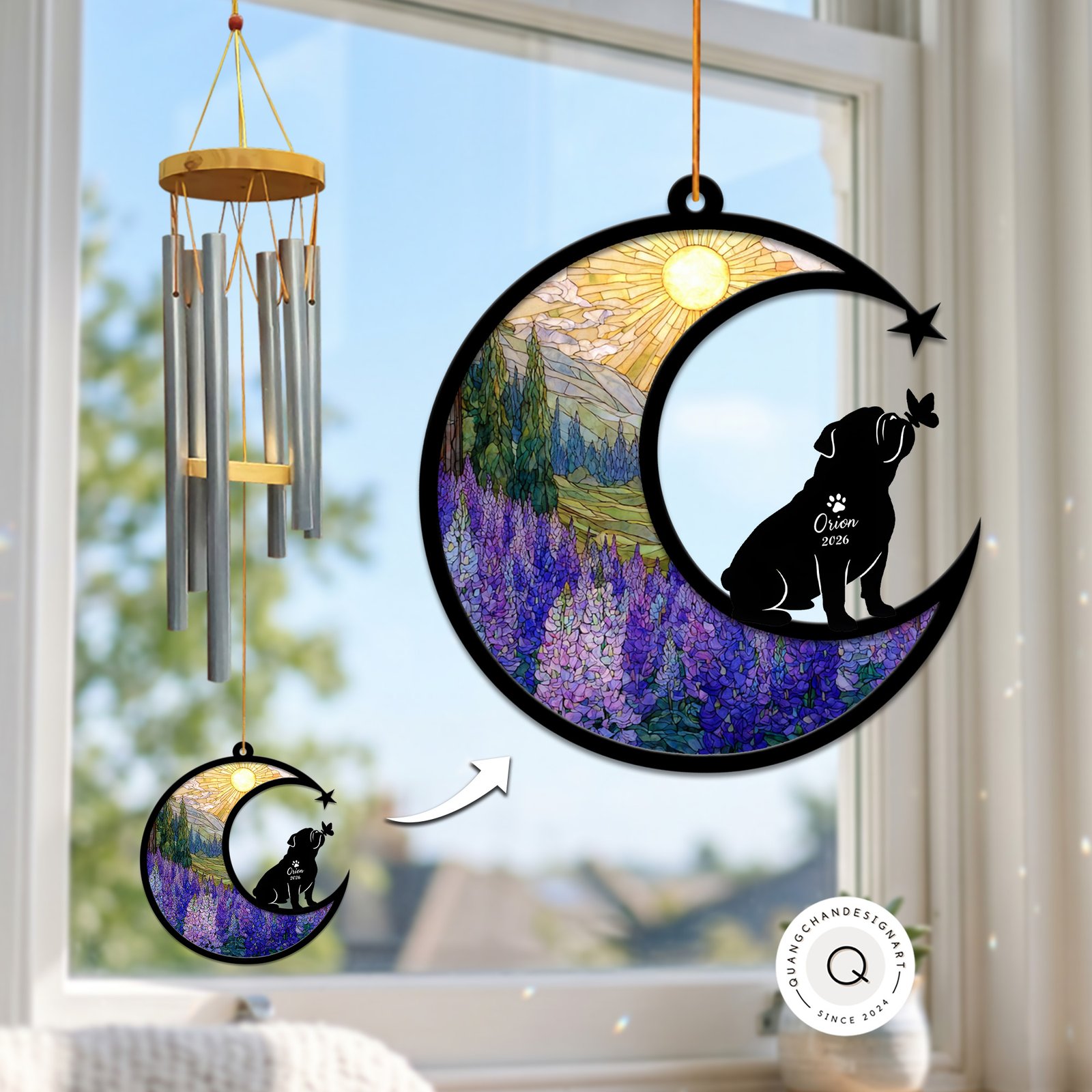 Wind chime with a crescent moon suncatcher showing a mountain and lavender wildflower scene and an English Bulldog silhouette with a butterfly on its nose, personalized with a name and year