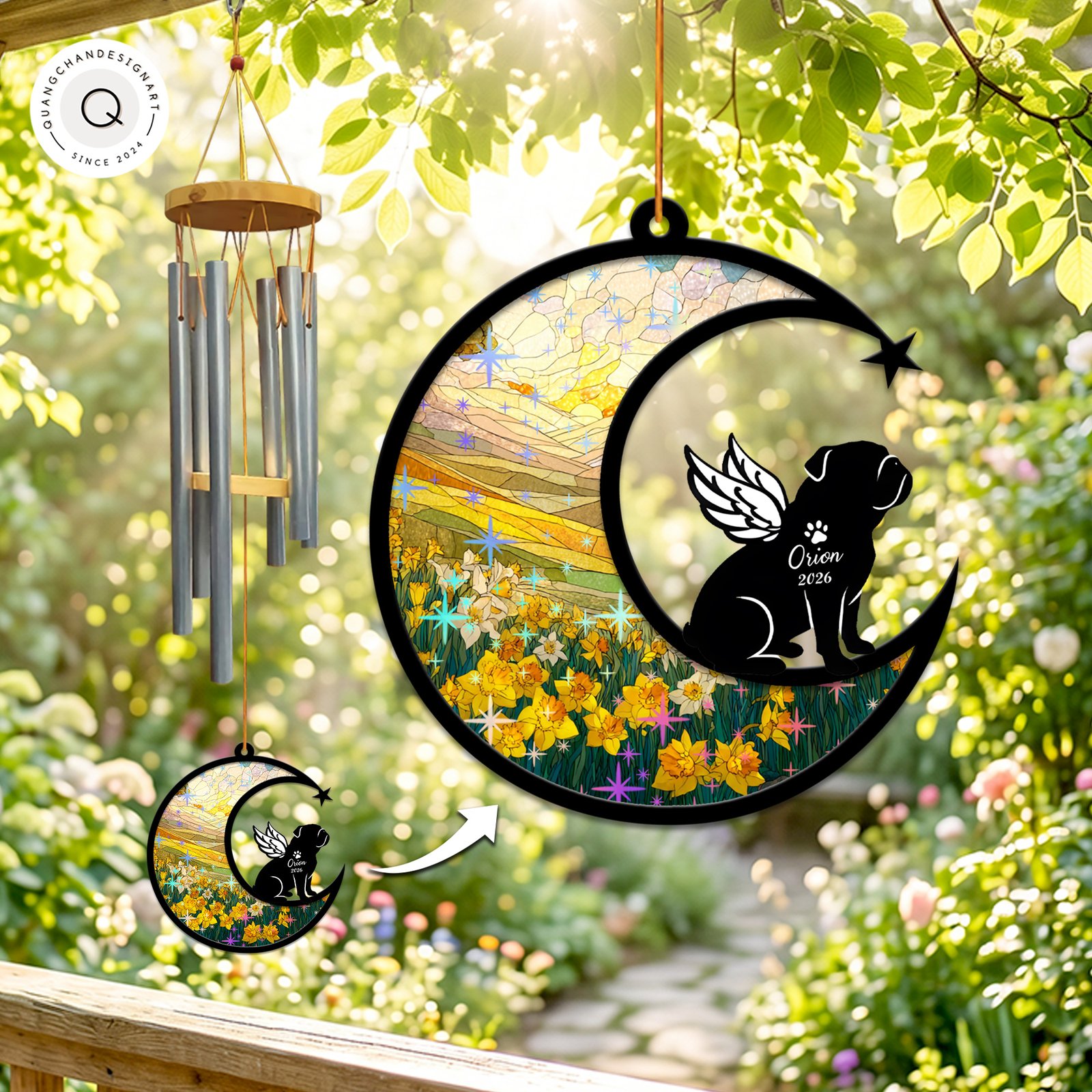 Wind chime with a sparkling daffodil field suncatcher panel and a winged English Bulldog silhouette personalized with a name and year