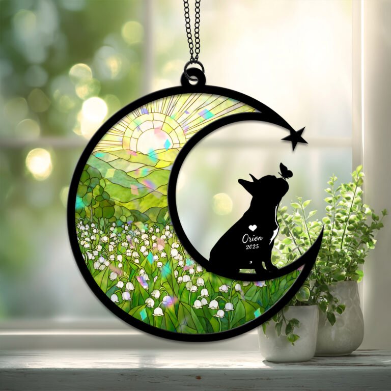 Broken Glass style suncatcher showing an angel-winged French Bulldog silhouette against a cracked-glass style rose garden background