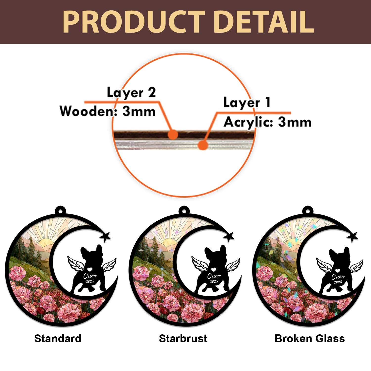Product detail graphic showing the layered acrylic and wood construction of the suncatcher alongside the Standard, Starburst, and Broken Glass style options